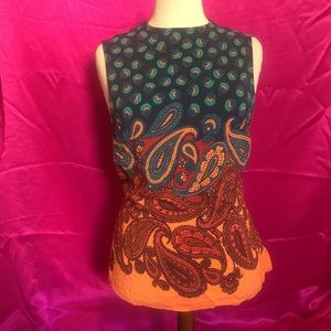 Unique Top Shop Paisley and peacock feather orange blue and green top S.